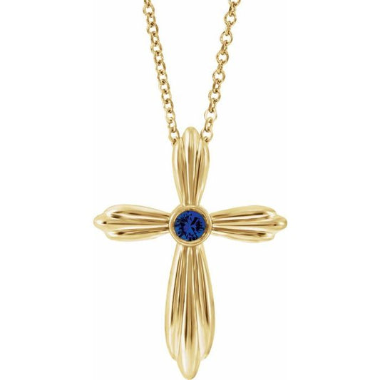14K Yellow Gold Natural Blue Sapphire Cross 16-18" Necklace