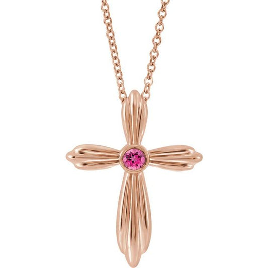 14K Rose Gold Natural Pink Tourmaline Cross 16-18" Necklace