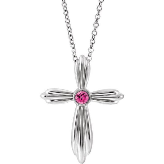 Sterling Silver Natural Pink Tourmaline Cross 16-18" Necklace