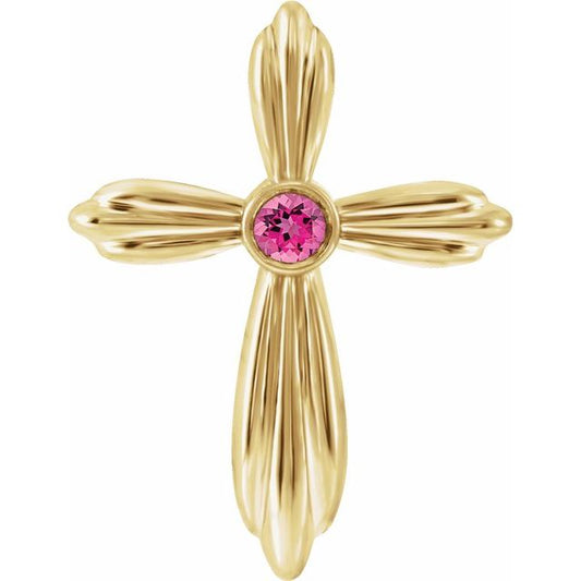 14K Yellow Gold Natural Pink Tourmaline Cross Pendant