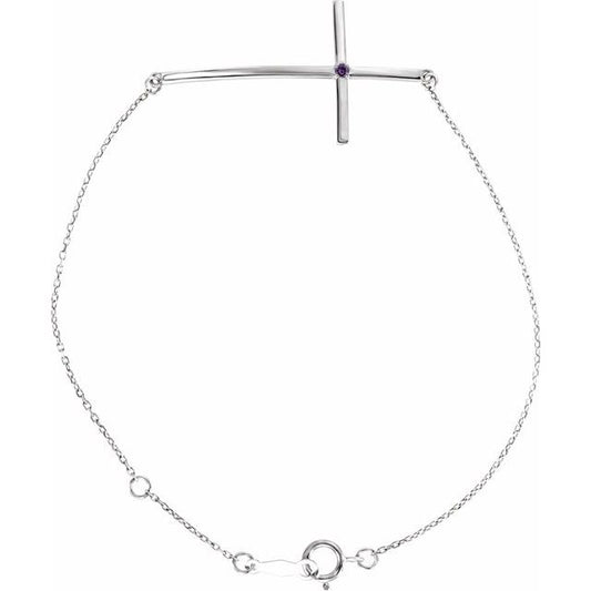 Sterling Silver Imitation Alexandrite Sideways Cross 7-8" Bracelet