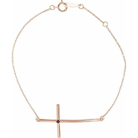 14K Rose Gold Natural Amethyst Sideways Cross 7-8" Bracelet