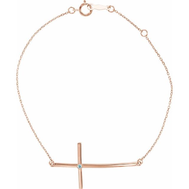 14K Rose Gold Natural Aquamarine Sideways Cross 7-8" Bracelet