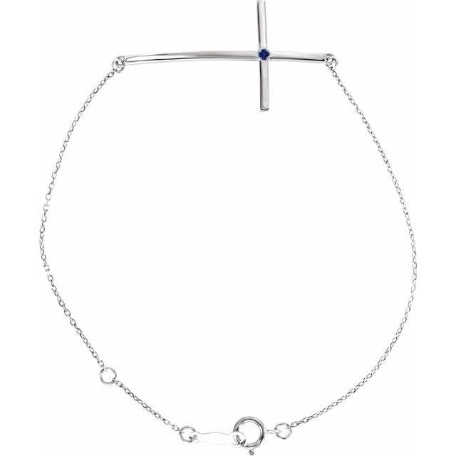 Sterling Silver Imitation Blue Sapphire Sideways Cross 7-8" Bracelet
