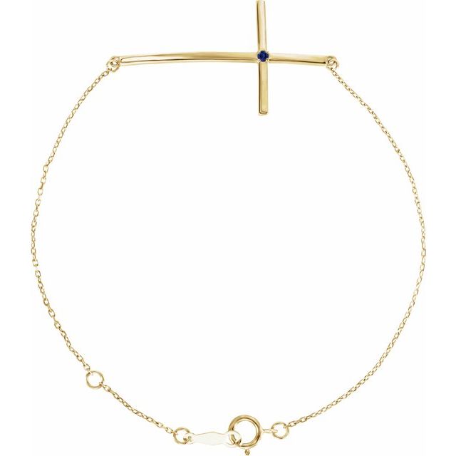 14K Yellow Gold Natural Blue Sapphire Sideways Cross 7-8" Bracelet