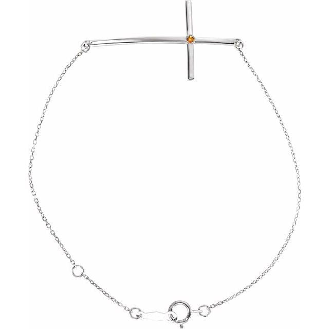Sterling Silver Natural Citrine Sideways Cross 7-8" Bracelet