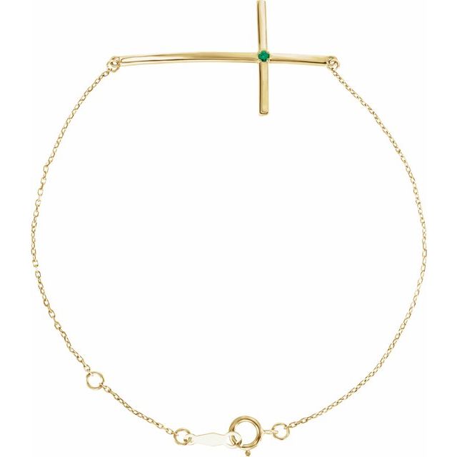 14K Yellow Gold Natural Emerald Sideways Cross 7-8" Bracelet