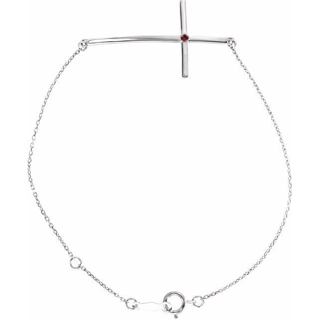 Sterling Silver Imitation Mozambique Garnet Sideways Cross 7-8" Bracelet