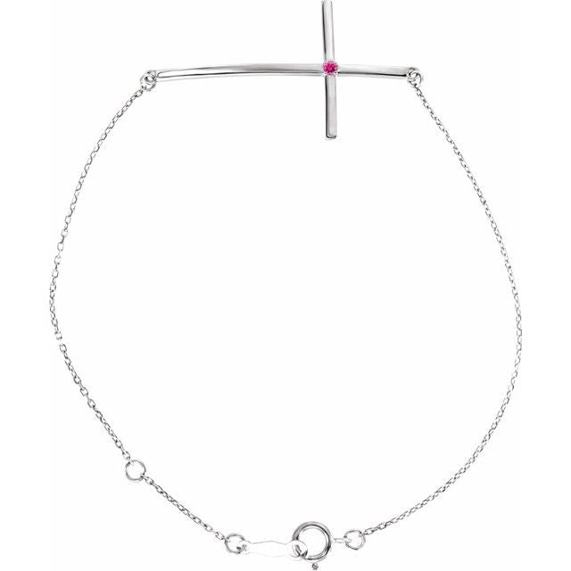 Platinum Natural Pink Tourmaline Sideways Cross 7-8" Bracelet
