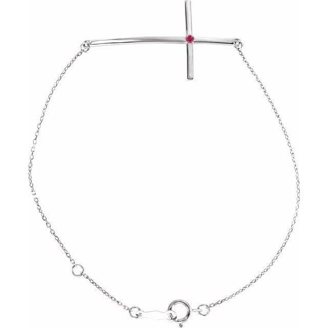 14K White Gold Natural Ruby Sideways Cross 7-8" Bracelet