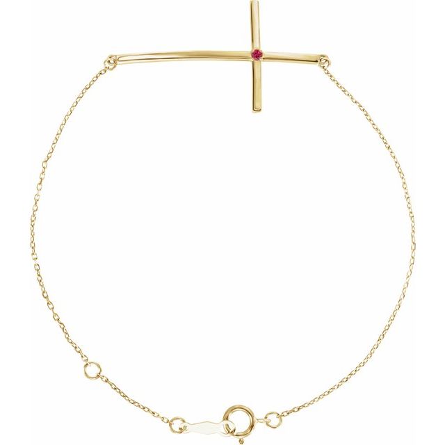 14K Yellow Gold Natural Ruby Sideways Cross 7-8" Bracelet