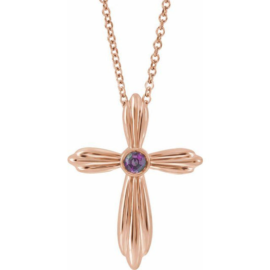 14K Rose Gold Natural Alexandrite Cross 16-18" Necklace