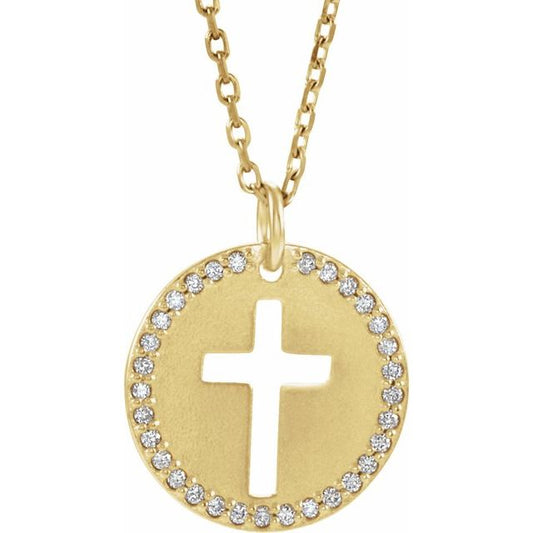 14K Yellow Gold .07 CTW Natural Diamond Pierced Cross 18" Necklace