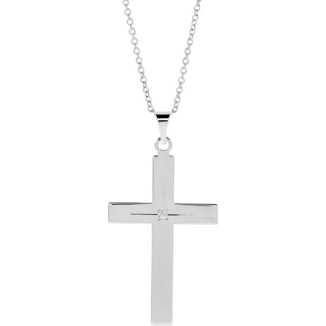 14K White Gold .01 CT Natural Diamond Cross 18" Necklace