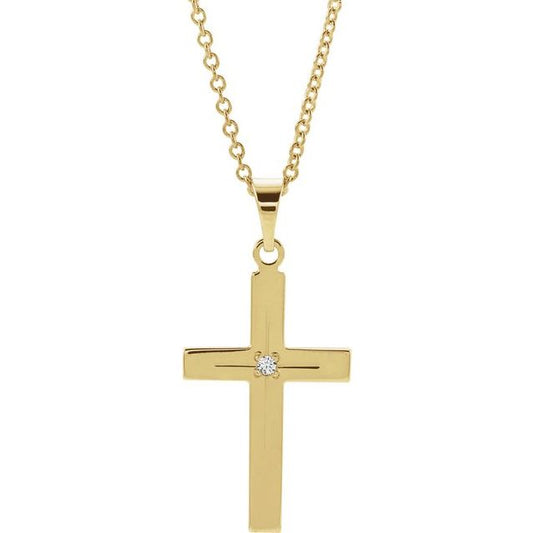 14K Yellow Gold .01 CT Natural Diamond Cross 18" Necklace