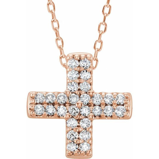 14K Rose Gold .07 CTW Natural Diamond Cross 16-18" Necklace