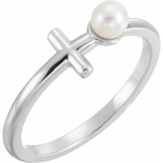 14K White Gold Cultured White Freshwater Pearl Sideways Cross Ring