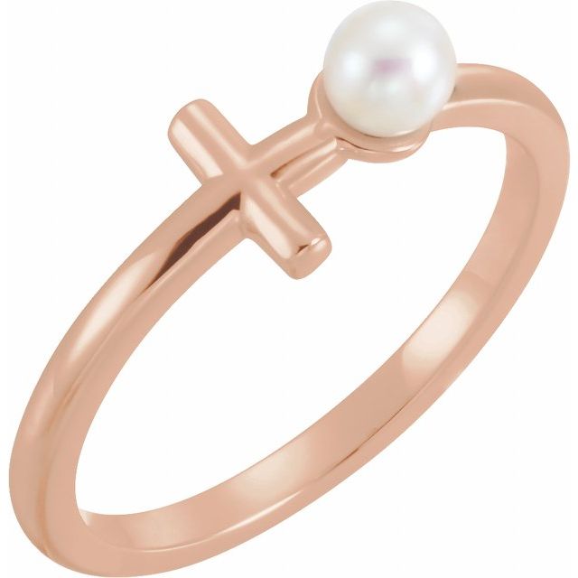 14K Rose Gold Cultured White Freshwater Pearl Sideways Cross Ring