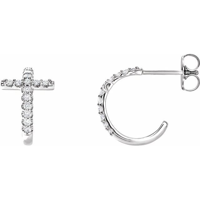 14K White Gold 1/4 CTW Natural Diamond Cross 12.15 mm Hoop Earrings