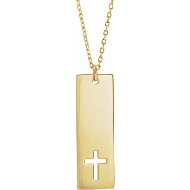 14K Yellow Gold Engravable Pierced Cross Bar 16-18" Necklace