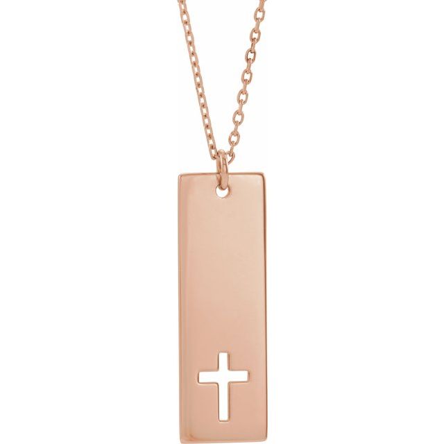 14K Rose Gold Engravable Pierced Cross Bar 16-18" Necklace