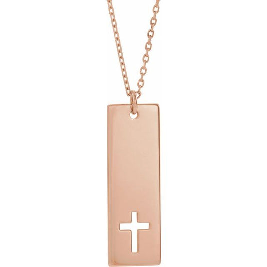 14K Rose Gold Engravable Pierced Cross Bar 16-18" Necklace