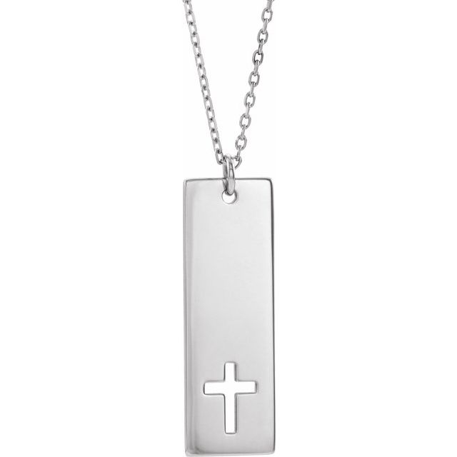 14K White Gold Engravable Pierced Cross Bar 16-18" Necklace