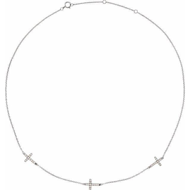 14K White Gold 1/4 CTW Natural Diamond 3-Station Cross 16-18” Necklace