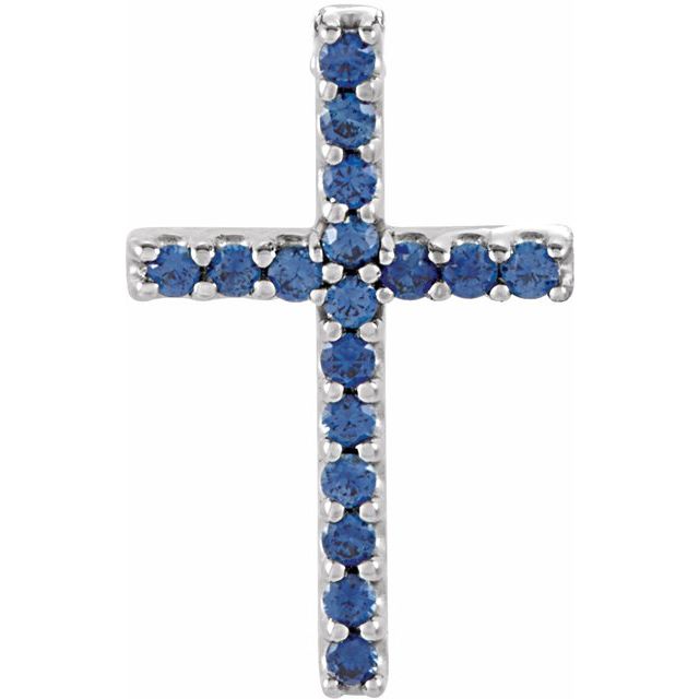14K White Gold Natural Blue Sapphire Petite Cross Pendant