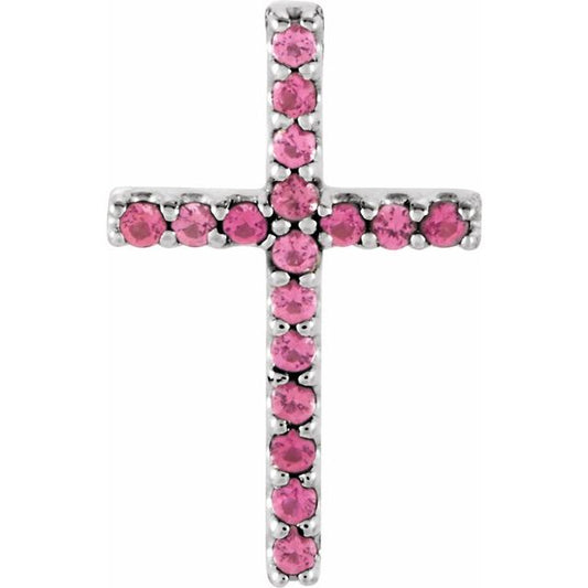 14K White Gold Natural Pink Tourmaline Petite Cross Pendant