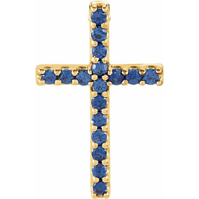 14K Yellow Gold Natural Blue Sapphire Petite Cross Pendant