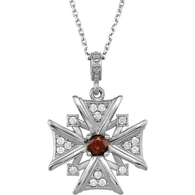 14K White Gold Natural Mozambique Garnet & 1/6 CTW Natural Diamond 18" Necklace