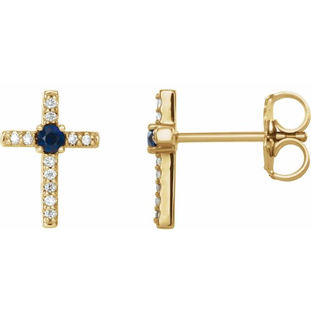 14K Yellow Gold Natural Blue Sapphire & .05 CTW Natural Diamond Cross Earrings