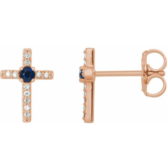 14K Rose Gold Natural Blue Sapphire & .05 CTW Natural Diamond Cross Earrings