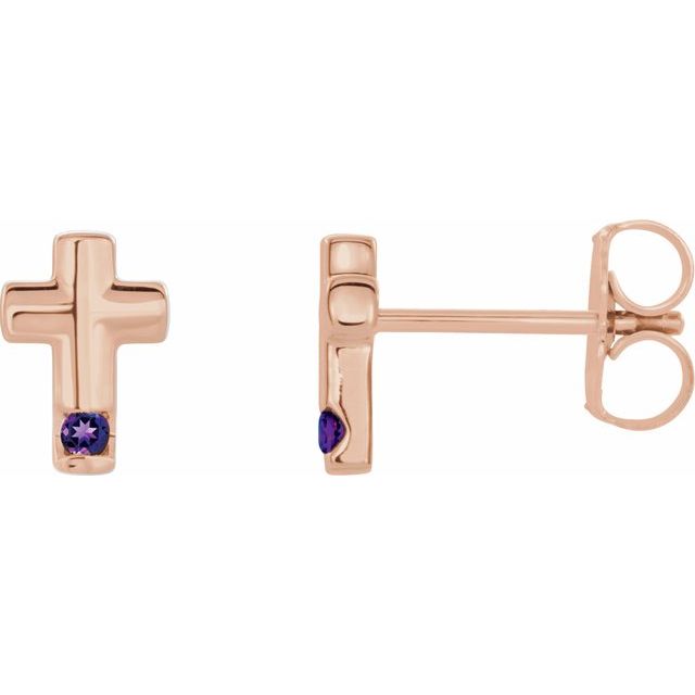 14K Rose Gold Natural Amethyst Cross Earrings