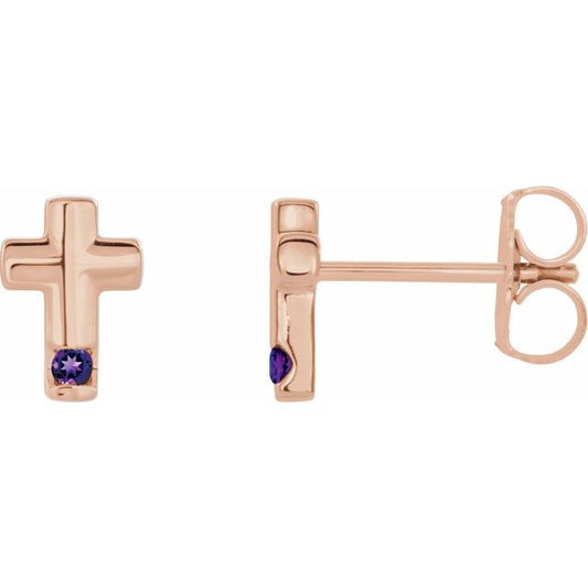 14K Rose Gold Natural Amethyst Cross Earrings