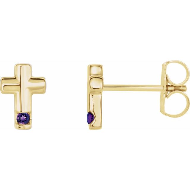 14K Yellow Gold Natural Amethyst Cross Earrings