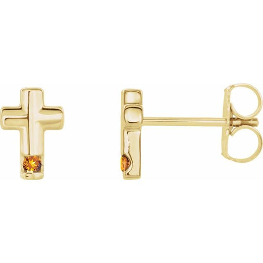 14K Yellow Gold Natural Citrine Cross Earrings