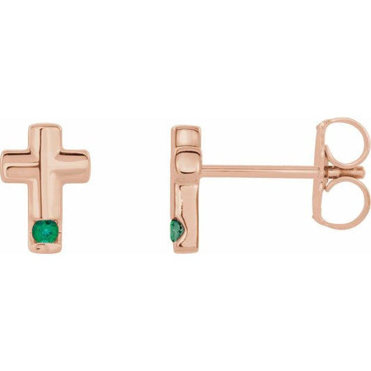 14K Rose Gold Natural Emerald Cross Earrings