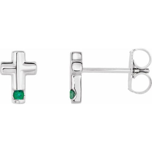 Sterling Silver Natural Emerald Cross Earrings