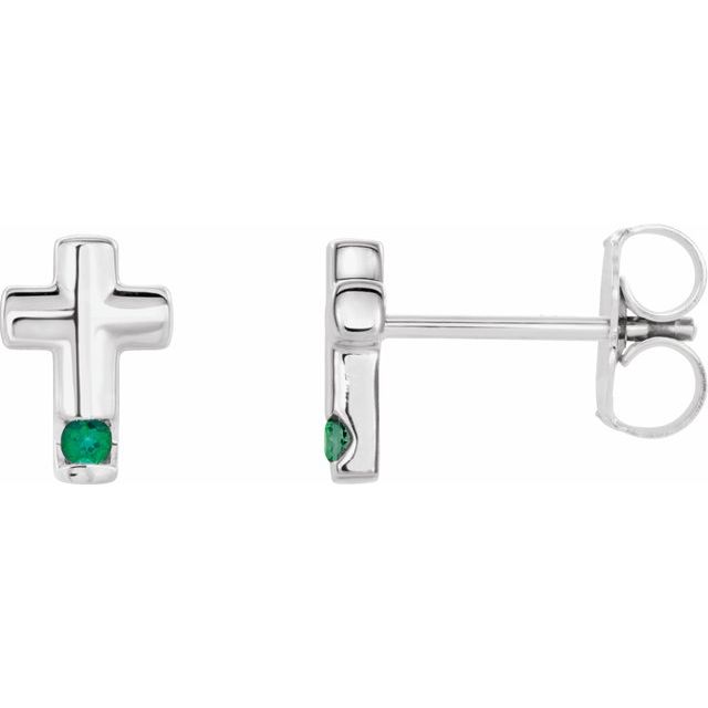 14K White Gold Natural Emerald Cross Earrings