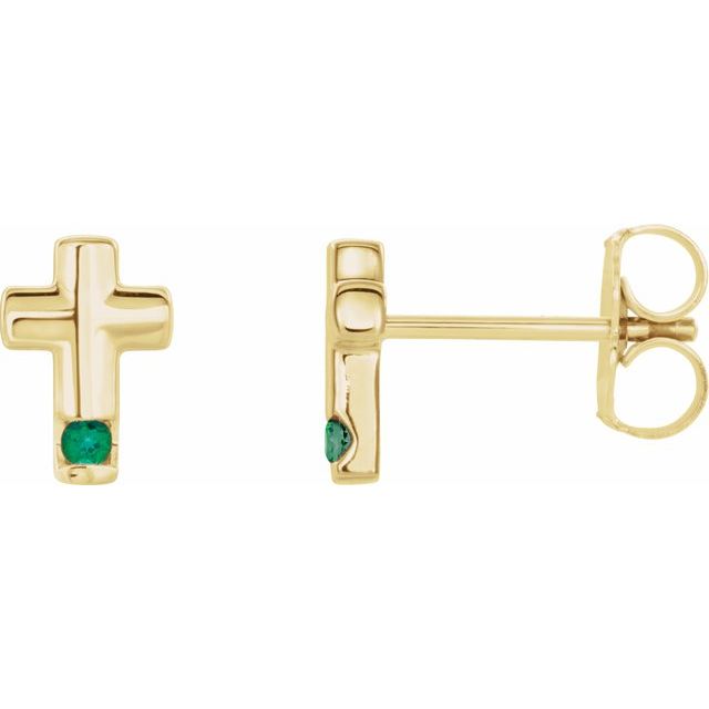 14K Yellow Gold Natural Emerald Cross Earrings