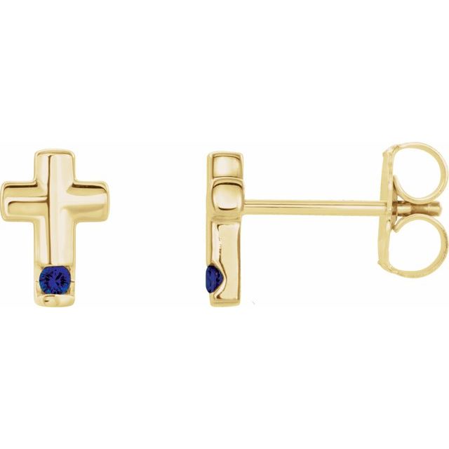 14K Yellow Gold Natural Blue Sapphire Cross Earrings