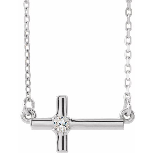 14K White Gold .03 CTW Natural Diamond Sideways Cross 16-18" Necklace
