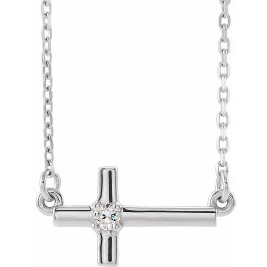 14K White Gold .03 CTW Natural Diamond Sideways Cross 16-18" Necklace