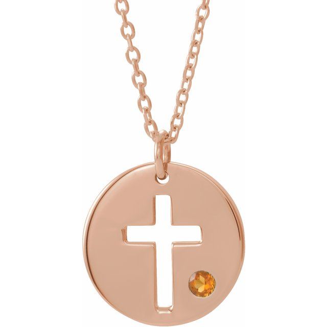 14K Rose Gold Natural Citrine Pierced Cross Disc 16-18" Necklace