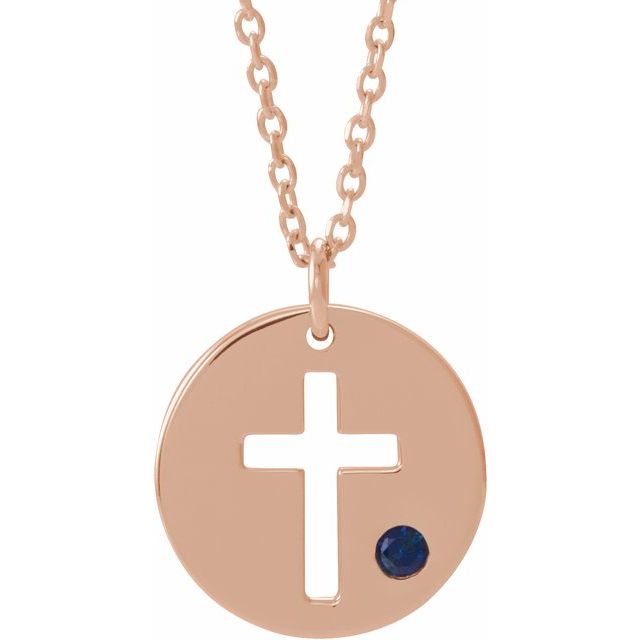 14K Rose Gold Natural Sapphire Pierced Cross Disc 16-18" Necklace