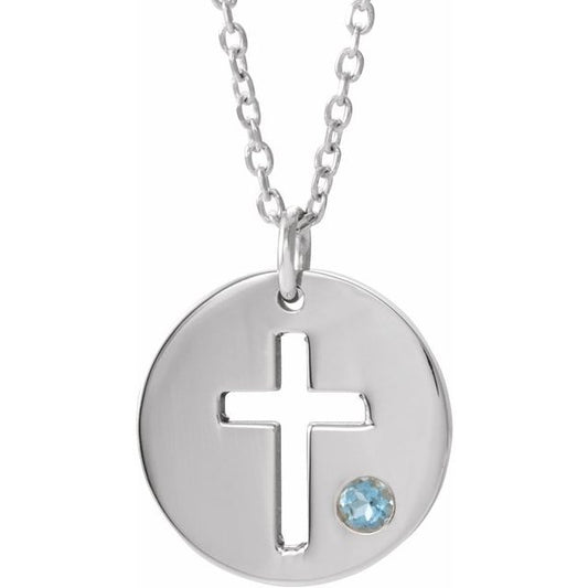 Sterling Silver Imitation Aquamarine Pierced Cross Disc 16-18" Necklace 
