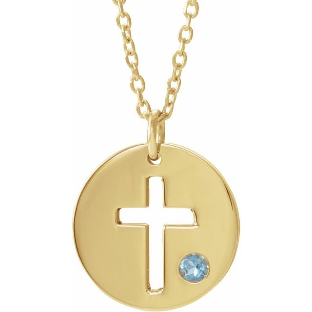 14K Yellow Gold Natural Aquamarine Pierced Cross Disc 16-18" Necklace