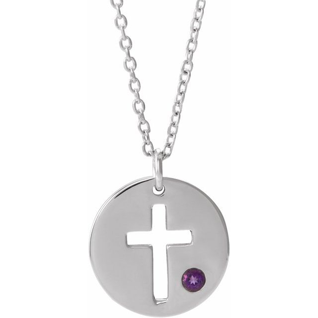 14K White Gold Natural Amethyst Pierced Cross Disc 16-18" Necklace